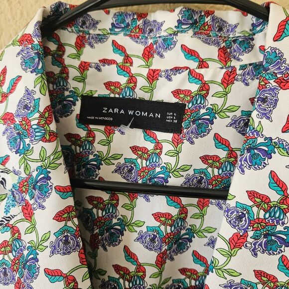 Zara Woman blazer jacket L floral multicolored collared neck  100% Silk - Picture 5 of 6